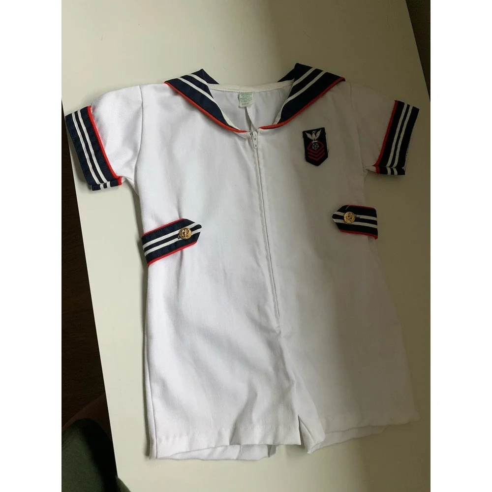 Vintage 1960s Outfit Sailor Suit White Navy Blue Collar Toddler Size 4T Romper - Picture 1 of 8
